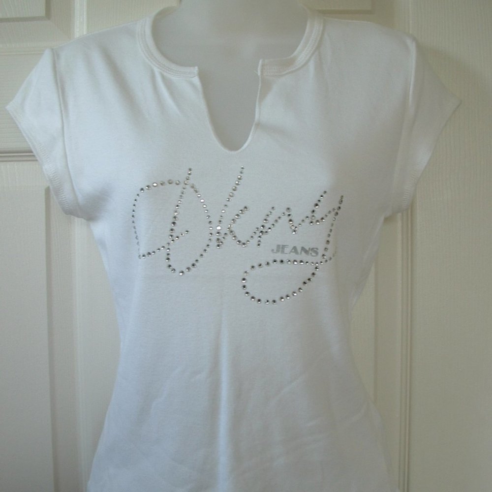 DKNY Jeans Tee Top Cap Sleeve Rhinestone Logo